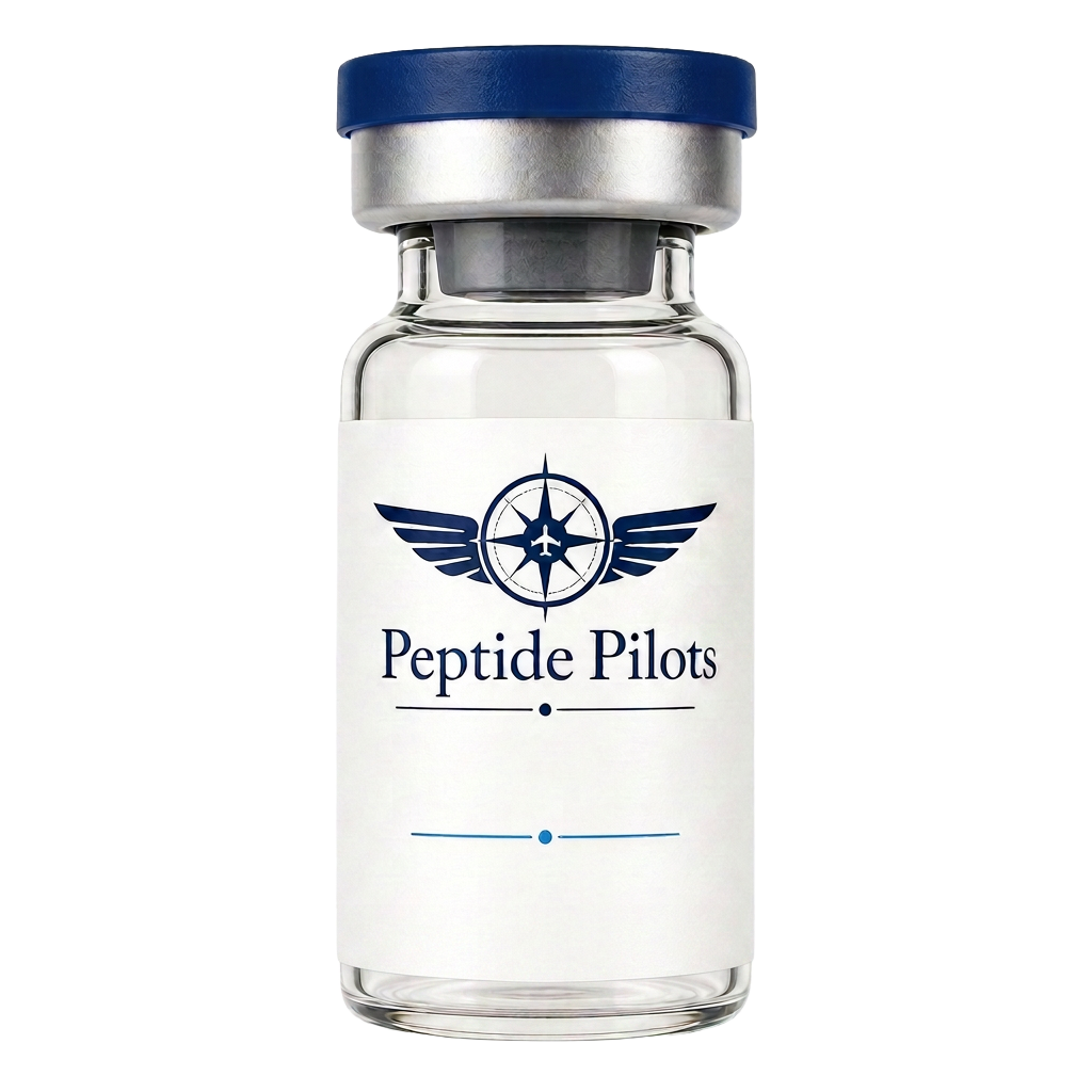 Sermorelin 5 mg research peptide in a navy-capped glass vial with a printed Sermorelin label — research use only