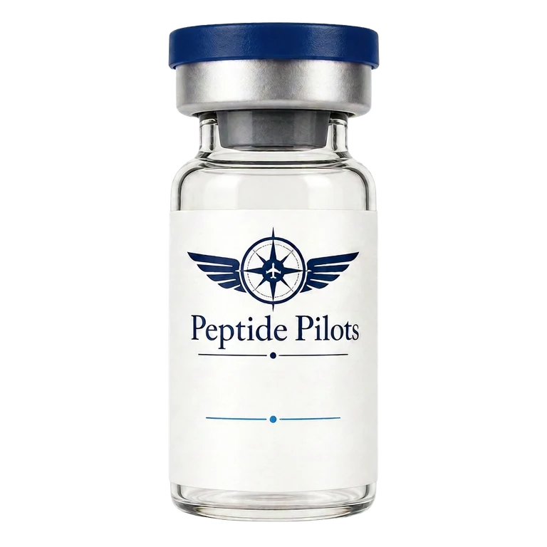 BPC-157 5 mg research peptide in a navy-capped glass vial with a printed BPC-157 label — research use only